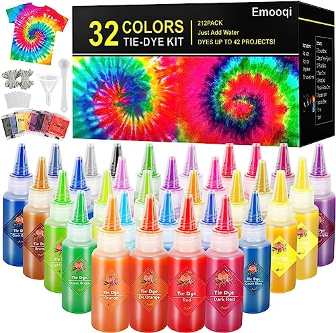 DIY Tie Dye Kits, Emooqi 32 Colours All-in-1 Tie Dye Set Contain 32 Bag Pigments, Rubber Bands, Gloves, Sealed Bag,Apron and Table Covers for Craft Arts Fabric Textile Party DIY Handmade Project
